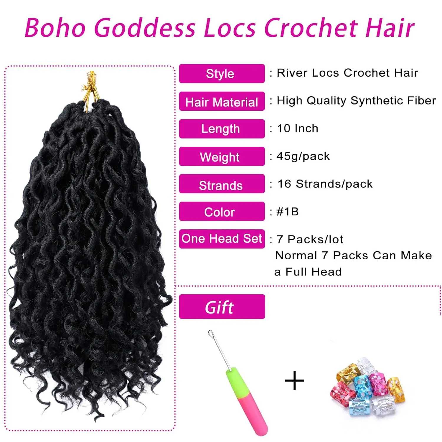 Goddess Locs Crochet Hair 10 Inch 7 Packs Boho Faux Locs Crochet Hair for Black Women Pre Looped Crochet Locs with Curly Ends (#1B)
