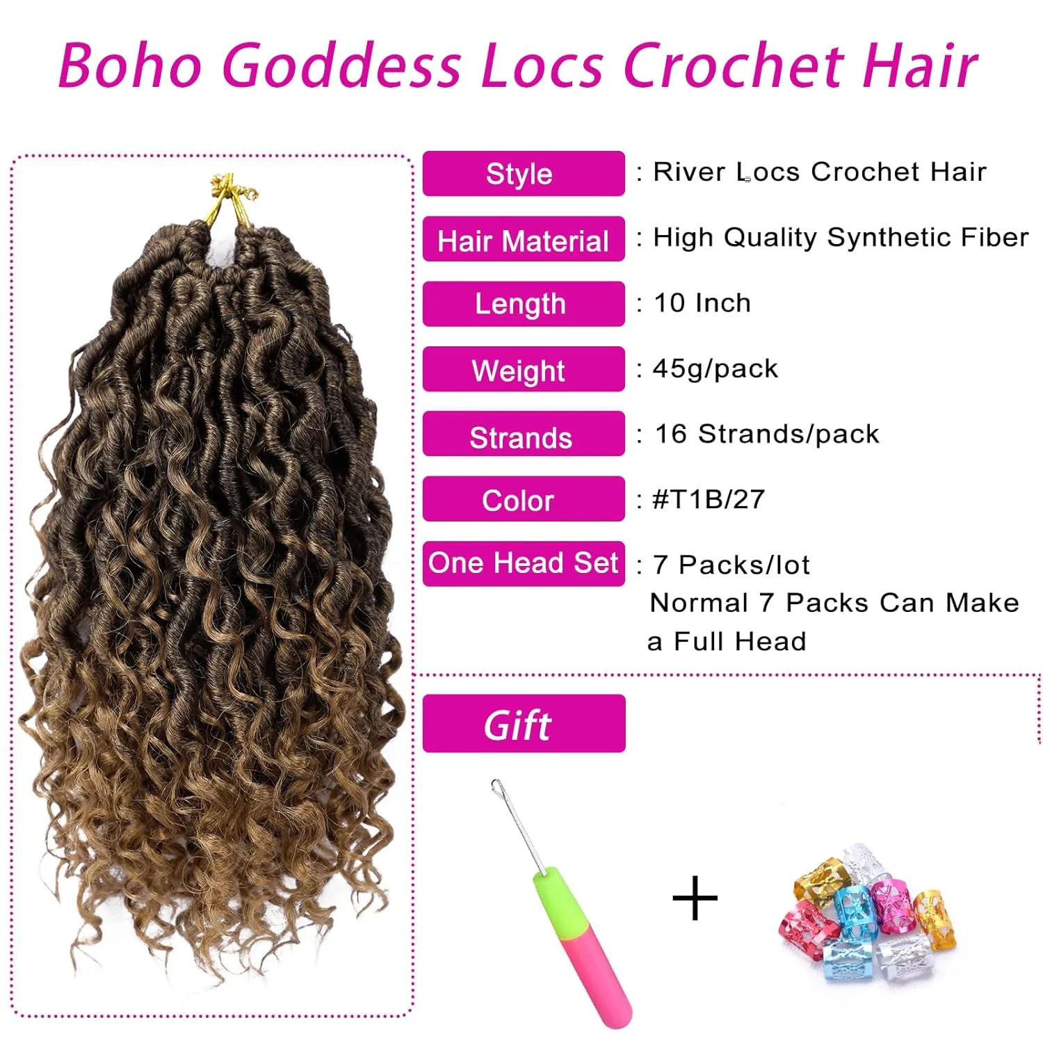 Goddess Locs Crochet Hair 10 Inch 7 Packs Ombre Boho Faux Locs Crochet Hair for Black Women Pre Looped Crochet Locs with Curly Ends (1B/27)