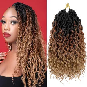 Goddess Locs Crochet Hair 10 Inch 7 Packs Ombre Brown Boho Faux Locs Crochet Hair for Black Women Pre Looped Crochet Locs with Curly Ends (1B/30/27)