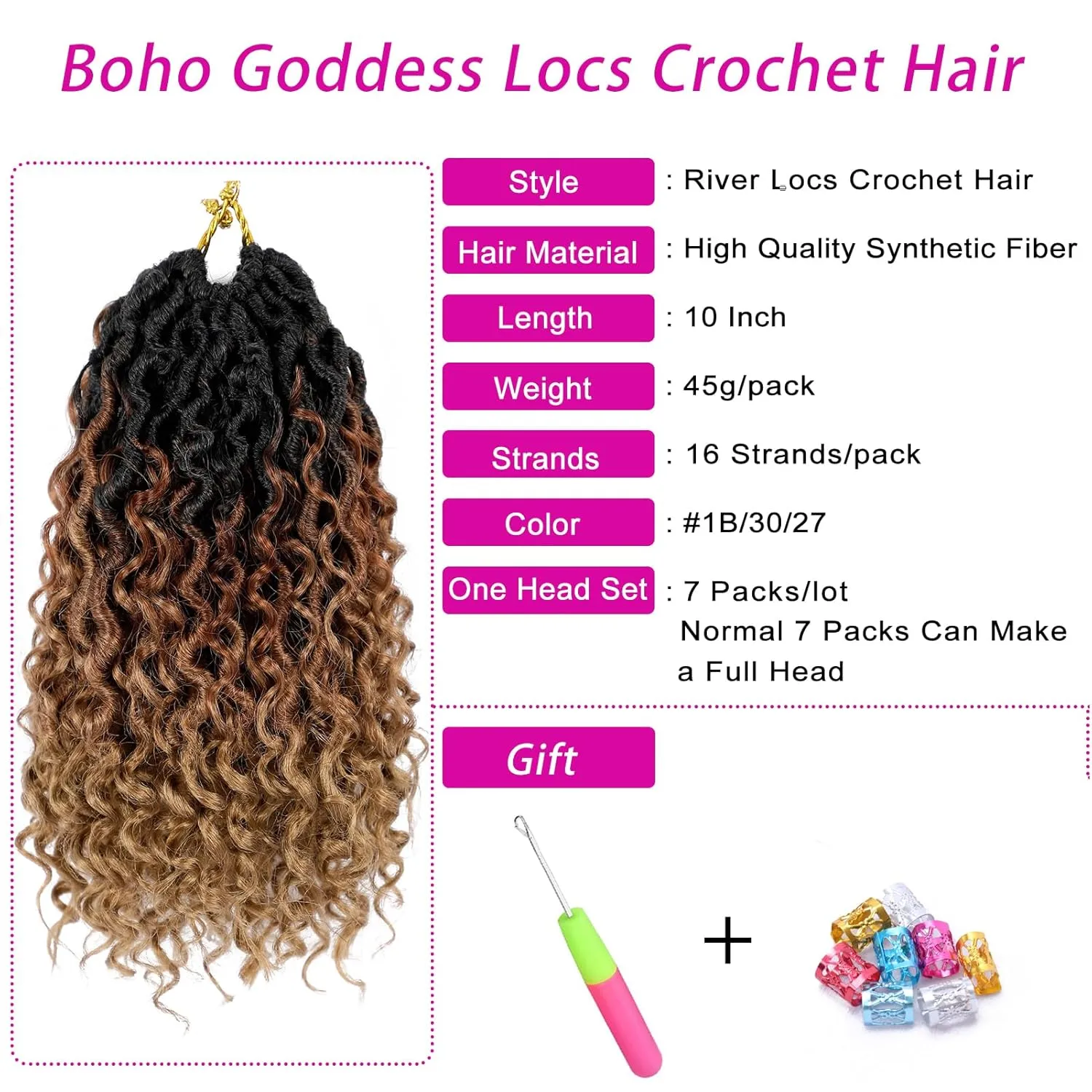 Goddess Locs Crochet Hair 10 Inch 7 Packs Ombre Brown Boho Faux Locs Crochet Hair for Black Women Pre Looped Crochet Locs with Curly Ends (1B/30/27)
