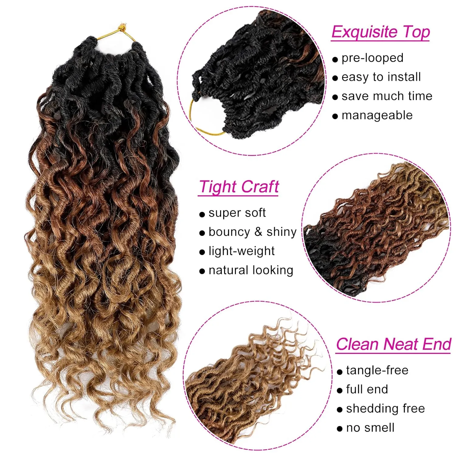 Goddess Locs Crochet Hair 10 Inch 7 Packs Ombre Brown Boho Faux Locs Crochet Hair for Black Women Pre Looped Crochet Locs with Curly Ends (1B/30/27)
