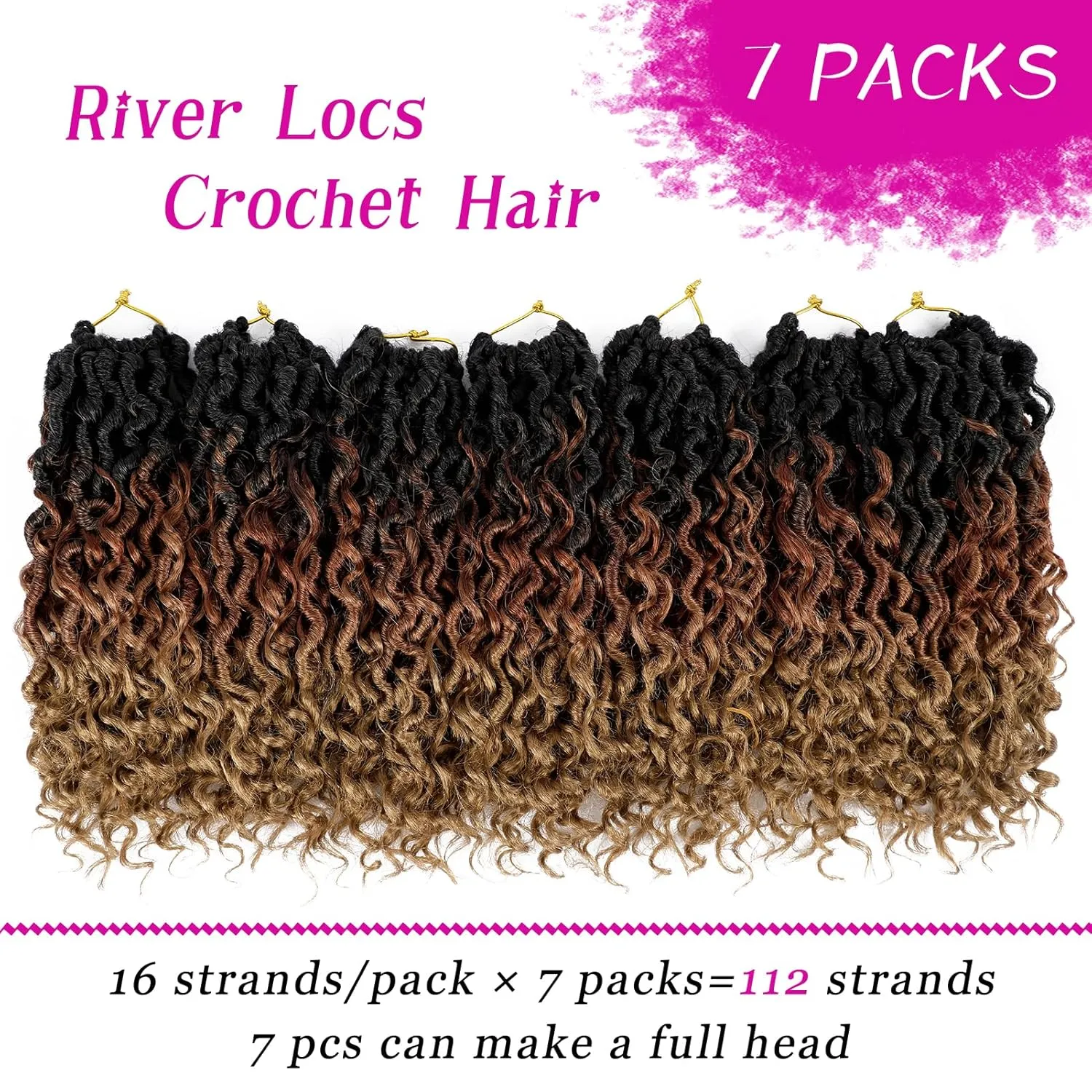 Goddess Locs Crochet Hair 10 Inch 7 Packs Ombre Brown Boho Faux Locs Crochet Hair for Black Women Pre Looped Crochet Locs with Curly Ends (1B/30/27)