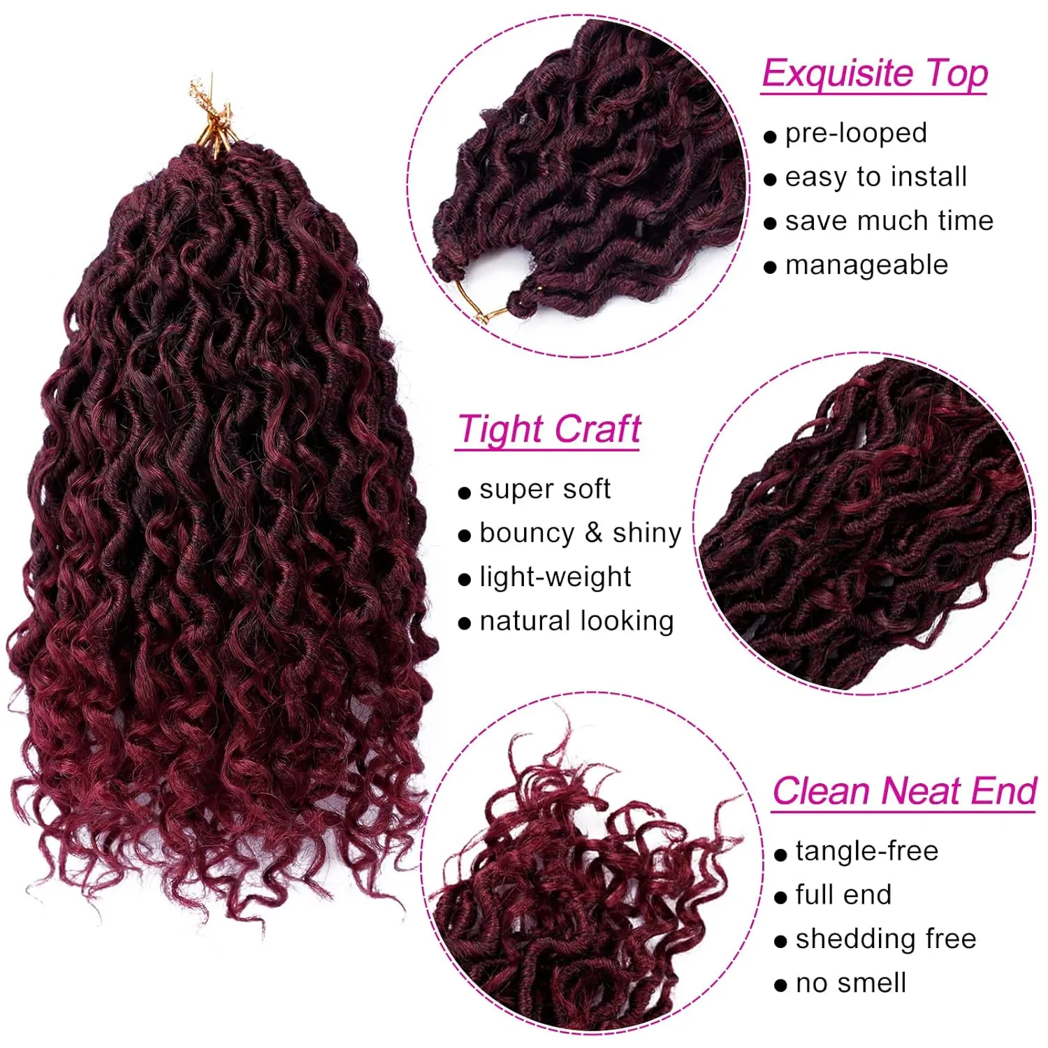 Goddess Locs Crochet Hair 10 Inch 7 Packs Ombre Burgundy Boho Faux Locs Crochet Hair for Black Women Pre Looped Crochet Locs with Curly Ends (1B/Bug)