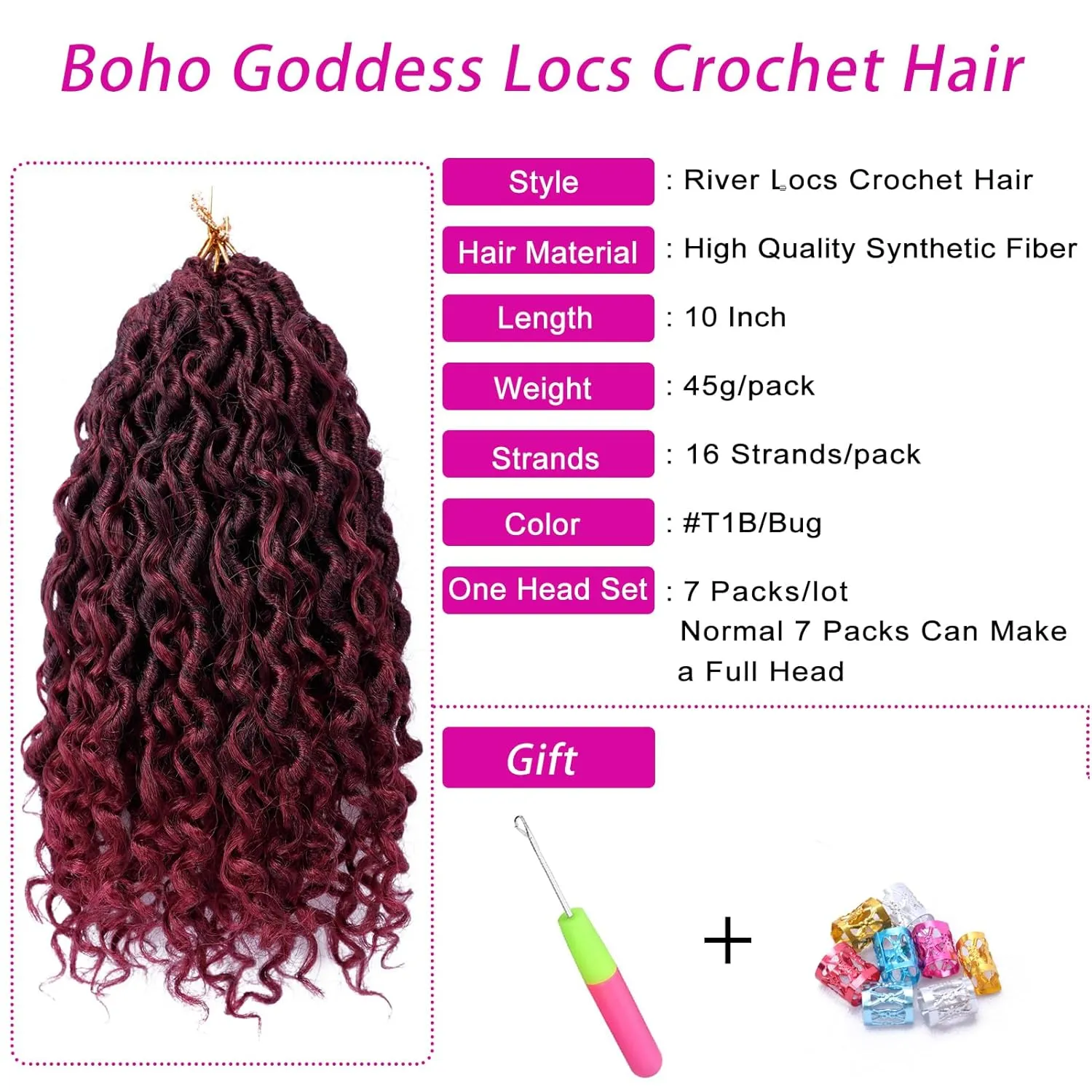Goddess Locs Crochet Hair 10 Inch 7 Packs Ombre Burgundy Boho Faux Locs Crochet Hair for Black Women Pre Looped Crochet Locs with Curly Ends (1B/Bug)