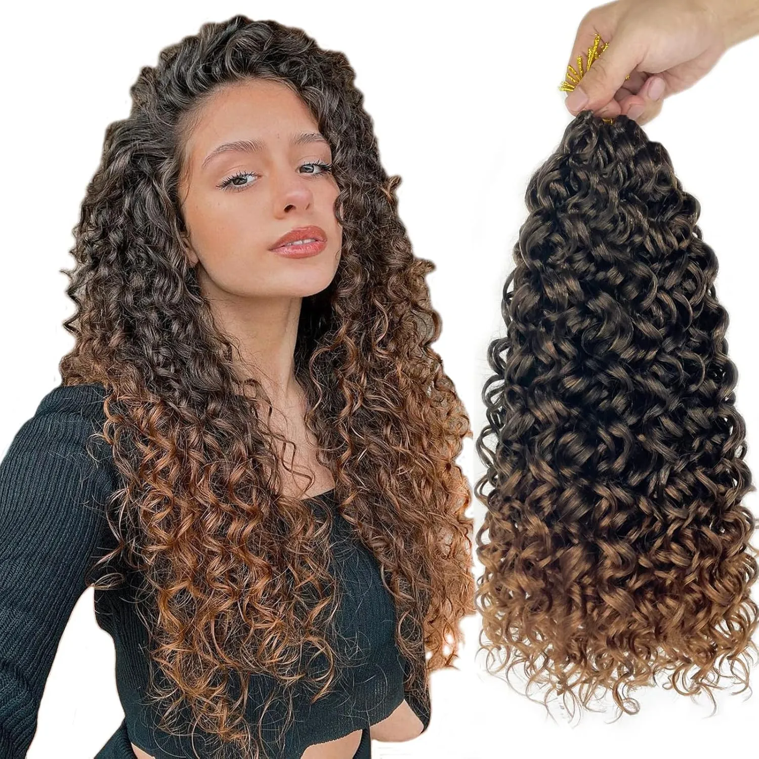 Gogo Curl 18 Inch 8 Packs Curly Crochet Hair for Black Women Ombre Dark Brown Color Wavy Beach Curls Crochet Hair Water Wave Go Go Crotchet Hair Curly Braiding Hair Extensions(18inch 8pack, 1b/30)