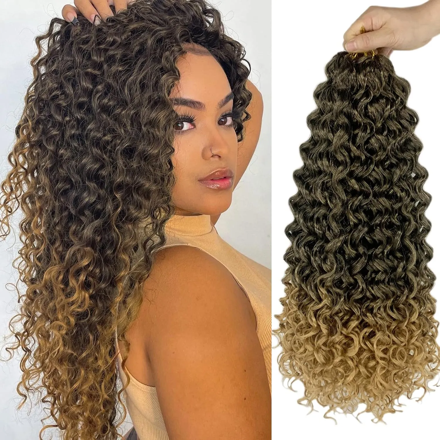 Gogo Curl 18 Inch 8 Packs Curly Crochet Hair for Black Women Ombre Light Brown Color Wavy Beach Curls Crochet Hair Water Wave Crotchet Hair Synthetic Curly Braiding Hair Extension(18inch 8pack, 1b/27)