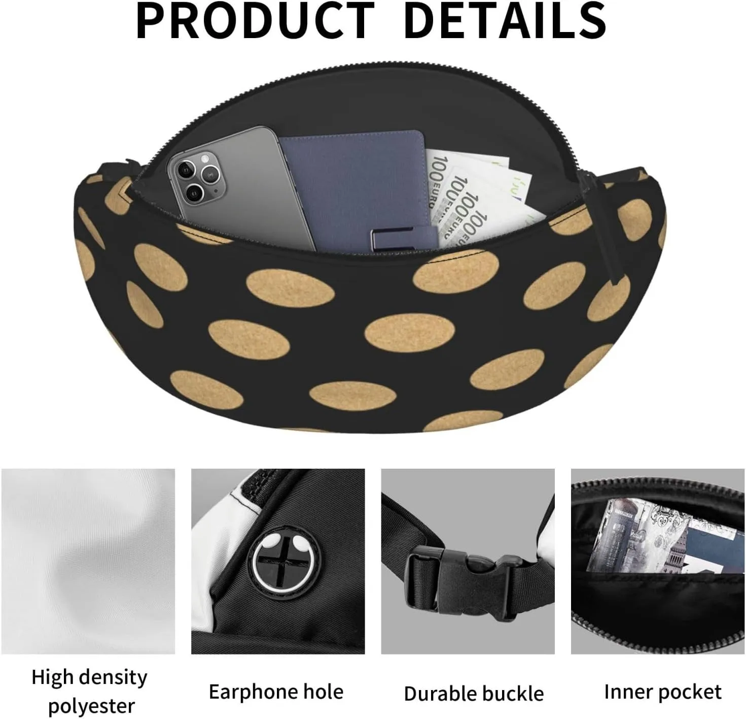 Gold Black Polka Dot Fanny Pack, Crossbody Waist Packs for Women Men Waist Bags with Adjustable Strap for Travel Running Hiking Sport