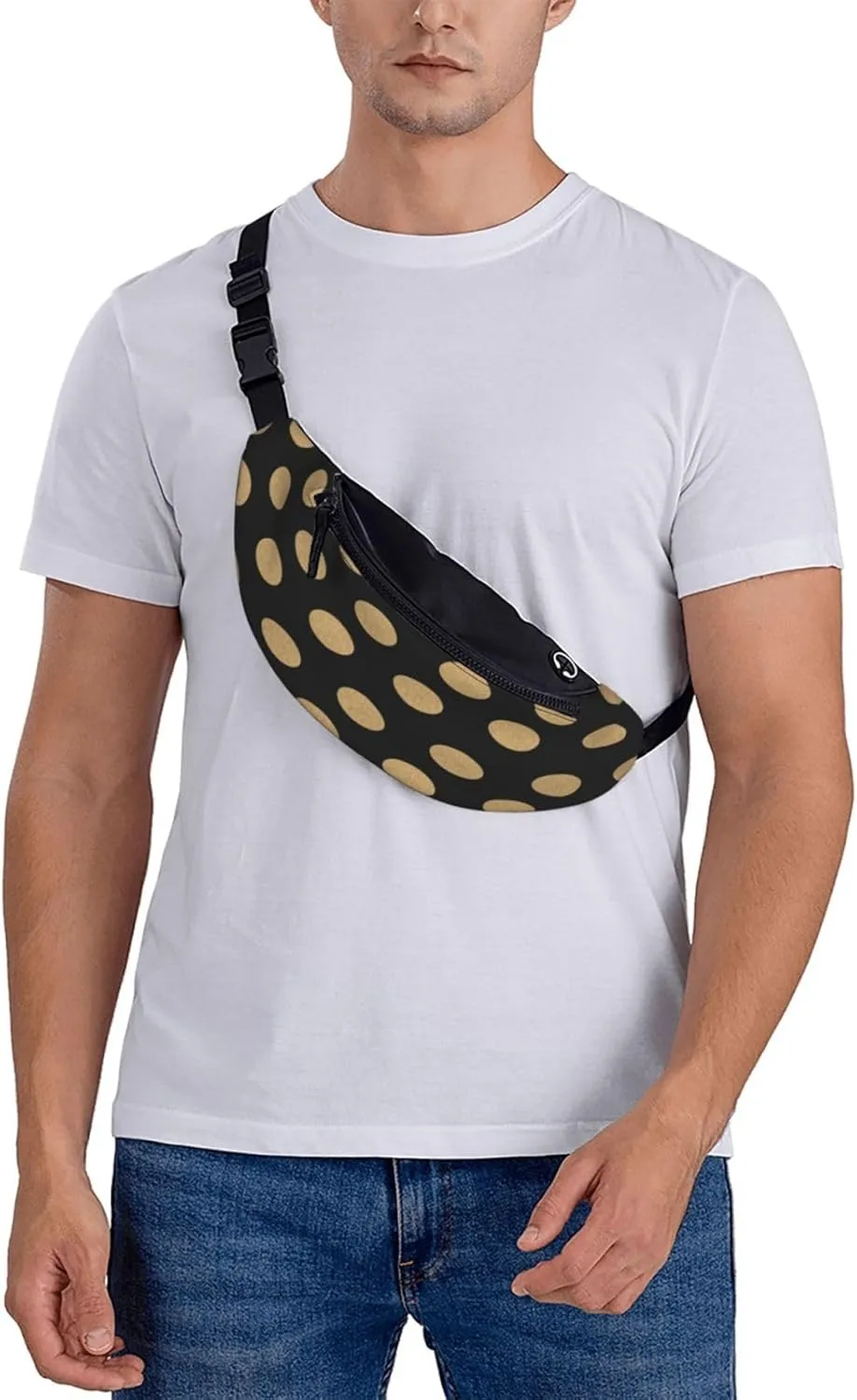 Gold Black Polka Dot Fanny Pack, Crossbody Waist Packs for Women Men Waist Bags with Adjustable Strap for Travel Running Hiking Sport