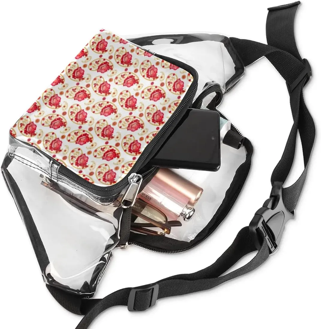 Golden Paisley Red Flower Clear Fanny Pack Stadium Approved Clear Crossbody Belt Bag for Women Men Transparent Waist Bag with Adjustable Strap for Concerts Sports Events Travel