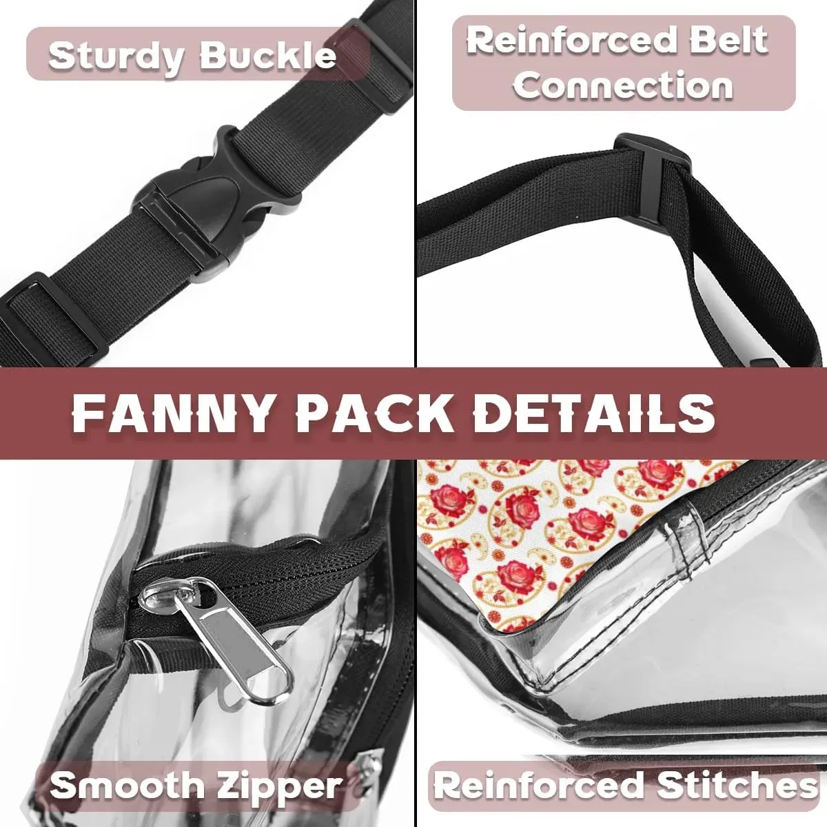 Golden Paisley Red Flower Clear Fanny Pack Stadium Approved Clear Crossbody Belt Bag for Women Men Transparent Waist Bag with Adjustable Strap for Concerts Sports Events Travel