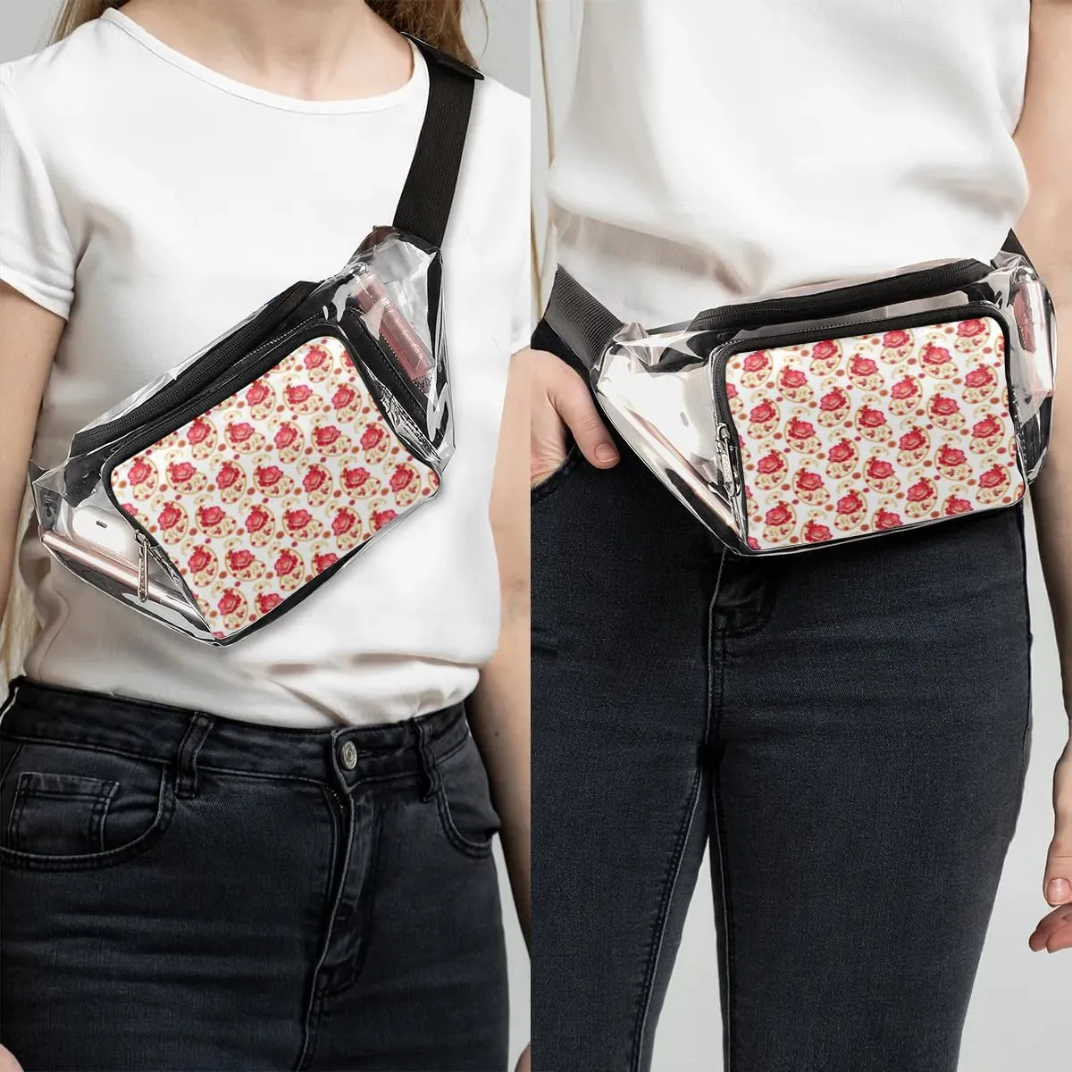 Golden Paisley Red Flower Clear Fanny Pack Stadium Approved Clear Crossbody Belt Bag for Women Men Transparent Waist Bag with Adjustable Strap for Concerts Sports Events Travel