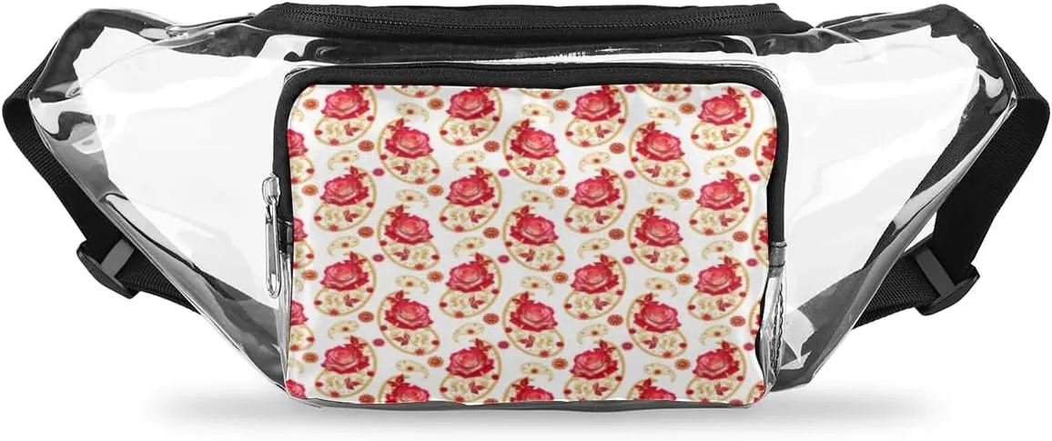 Golden Paisley Red Flower Clear Fanny Pack Stadium Approved Clear Crossbody Belt Bag for Women Men Transparent Waist Bag with Adjustable Strap for Concerts Sports Events Travel