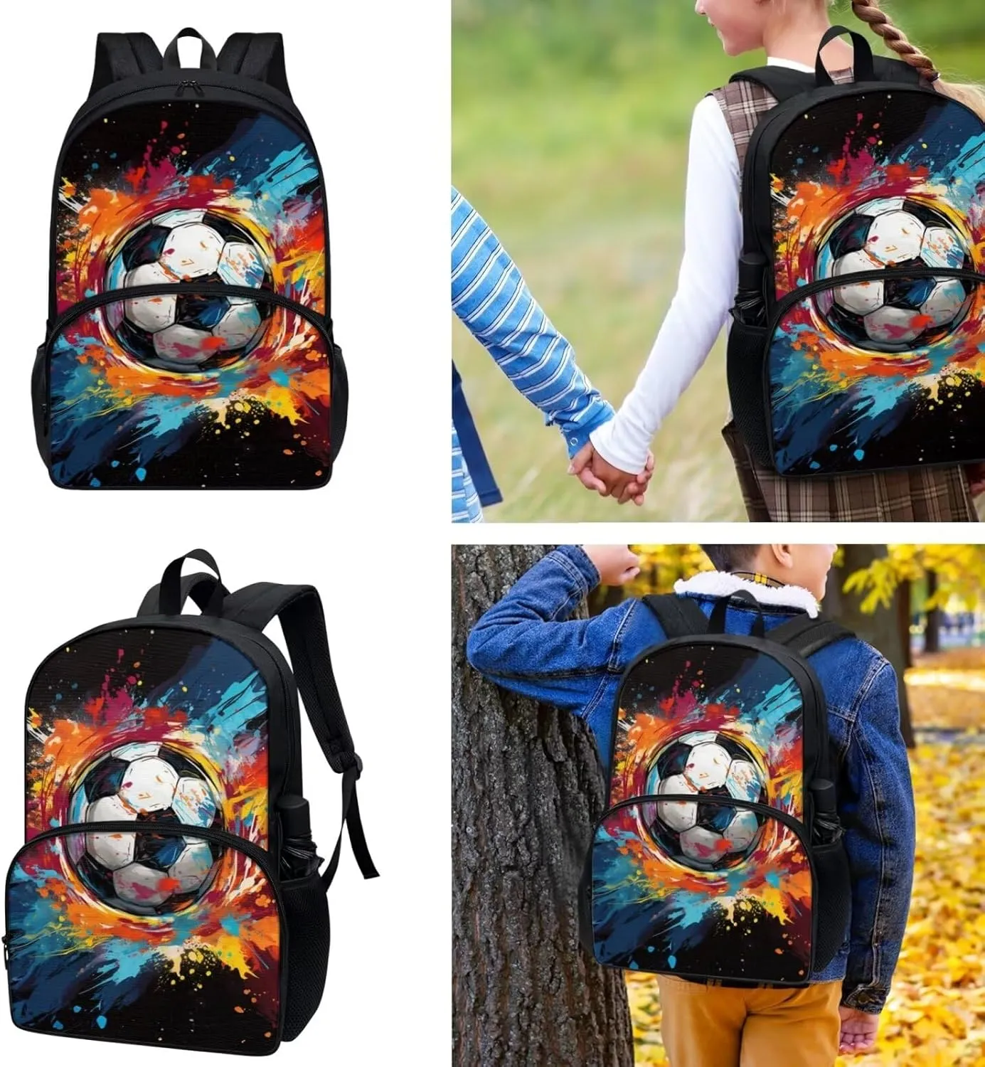 Gomyblomy Soccer Backpack for Boys 8-12 Kids Bookbag with Lunch Bag Pencil Case Set of 4 Pcs Elementary Middle School Backpacks for 5Th Grade Boys 17 Inch Travel Daypack