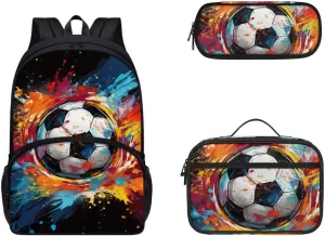 Gomyblomy Soccer Backpack for Boys 8-12 Kids Bookbag with Lunch Bag Pencil Case Set of 4 Pcs Elementary Middle School Backpacks for 5Th Grade Boys 17 Inch Travel Daypack