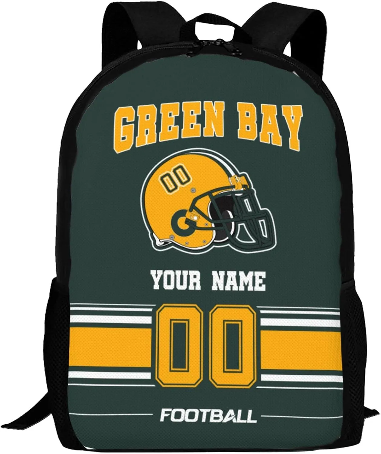 Green Bay Shoulder Backpack for Men Kids, Personalized High Capacity School Backpacks with Name Number Daily Use Laptop Bag Travel Bag