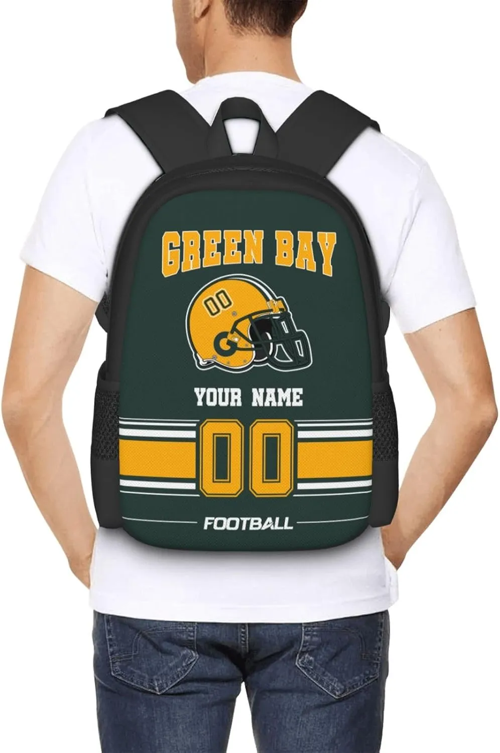 Green Bay Shoulder Backpack for Men Kids, Personalized High Capacity School Backpacks with Name Number Daily Use Laptop Bag Travel Bag
