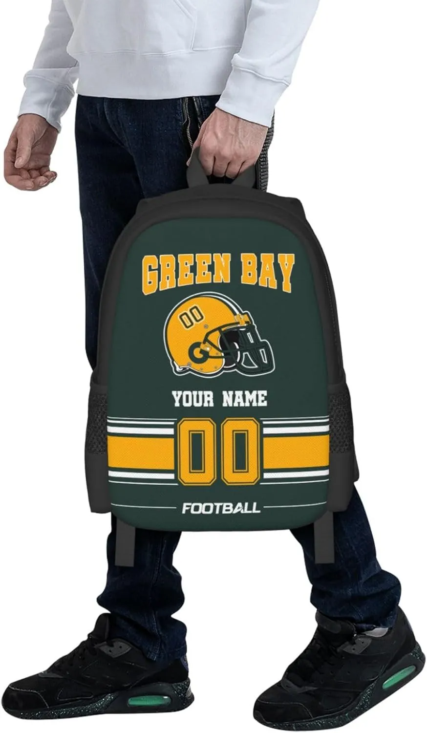 Green Bay Shoulder Backpack for Men Kids, Personalized High Capacity School Backpacks with Name Number Daily Use Laptop Bag Travel Bag