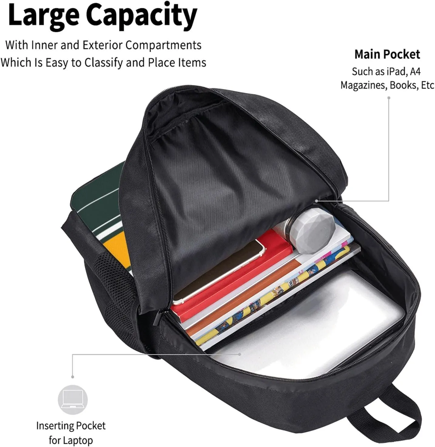 Green Bay Shoulder Backpack for Men Kids, Personalized High Capacity School Backpacks with Name Number Daily Use Laptop Bag Travel Bag