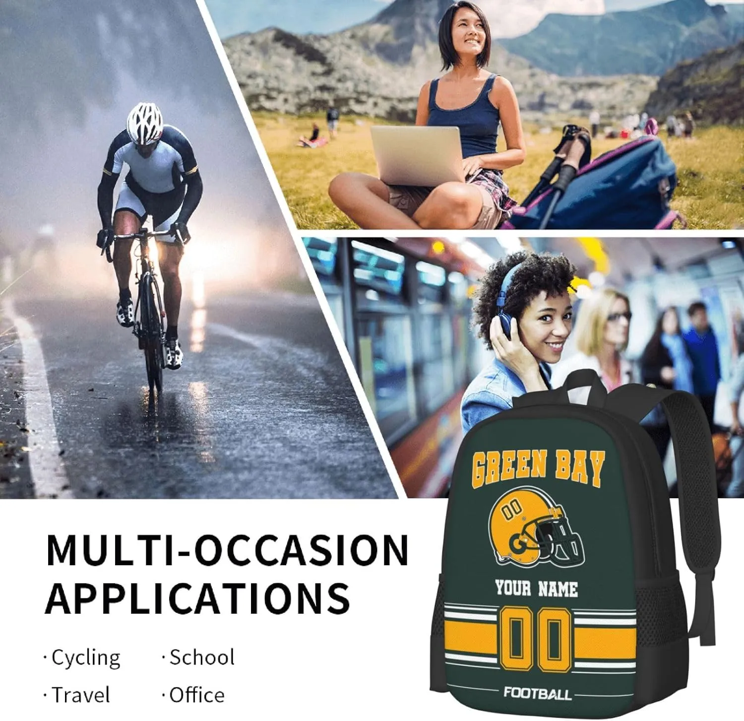 Green Bay Shoulder Backpack for Men Kids, Personalized High Capacity School Backpacks with Name Number Daily Use Laptop Bag Travel Bag