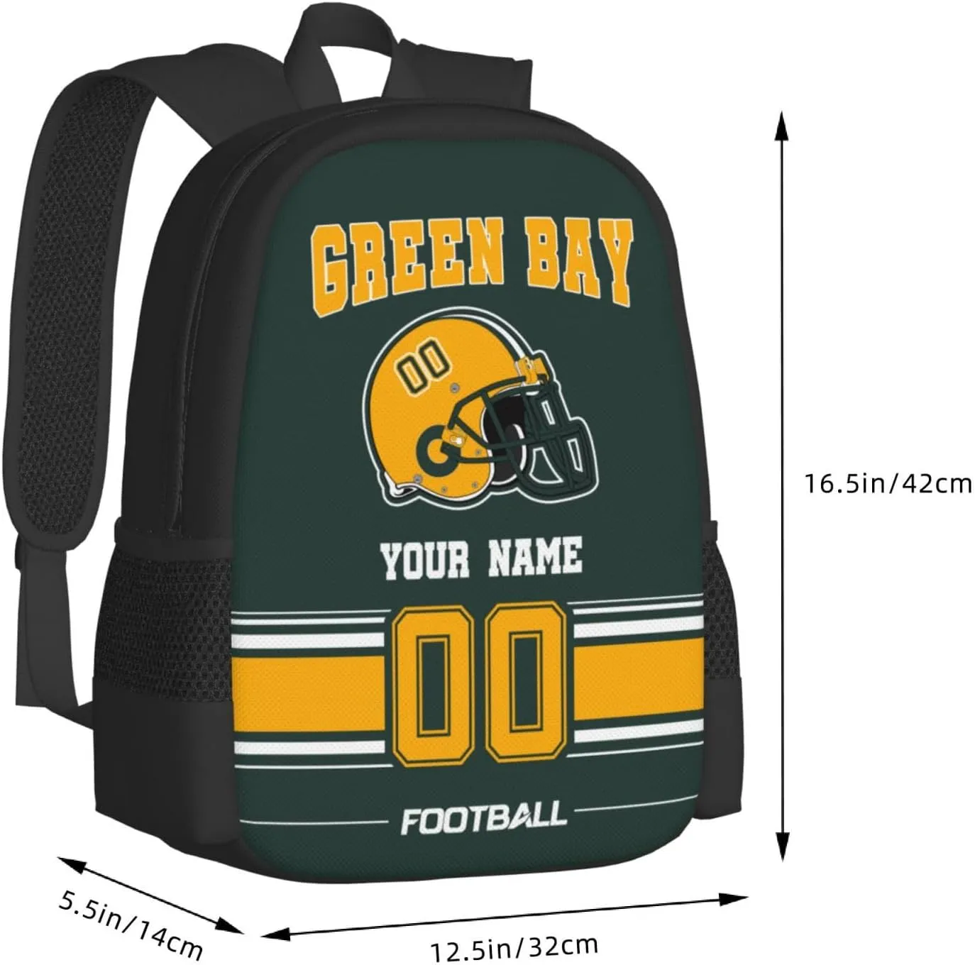 Green Bay Shoulder Backpack for Men Kids, Personalized High Capacity School Backpacks with Name Number Daily Use Laptop Bag Travel Bag