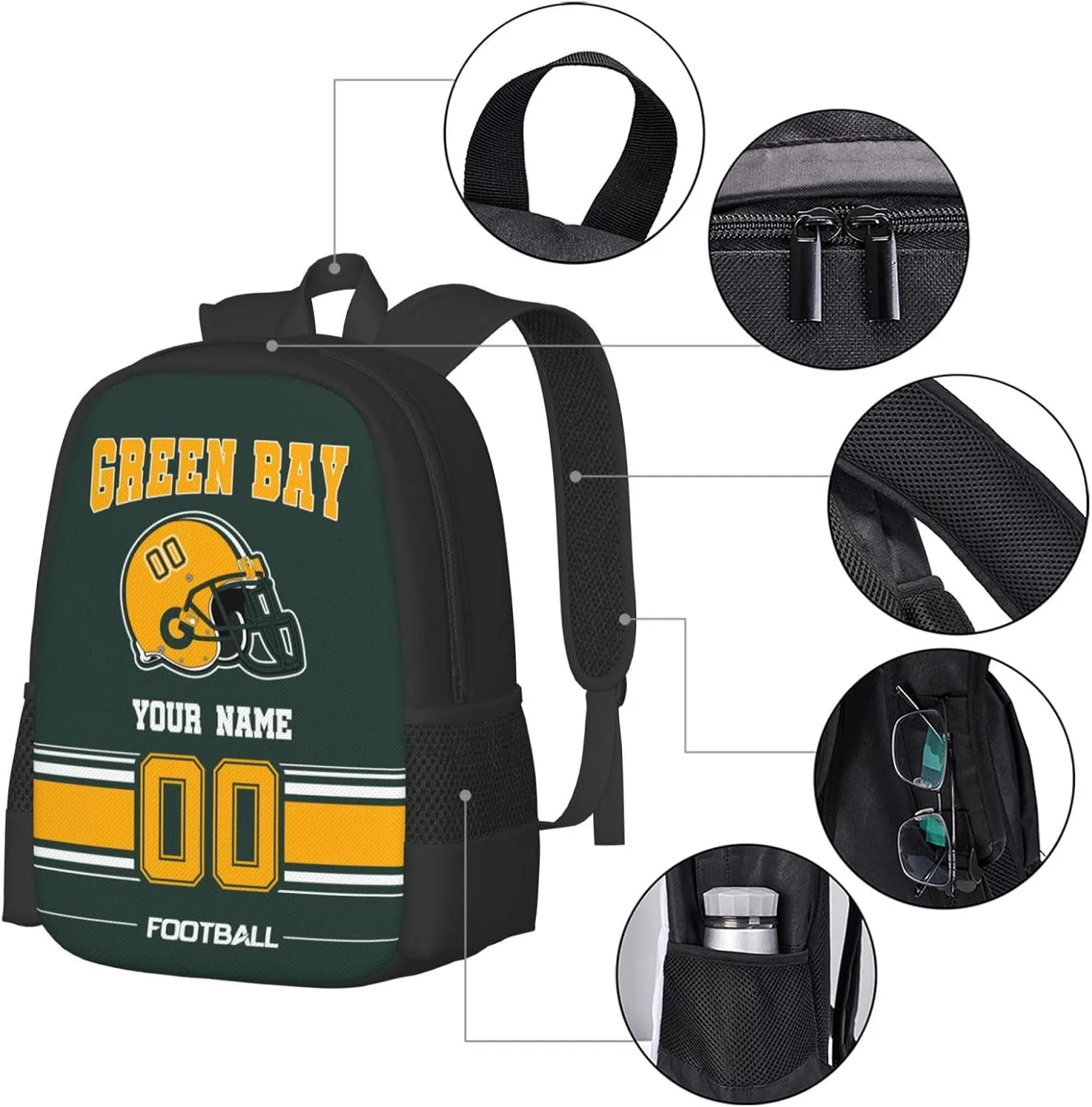 Green Bay Shoulder Backpack for Men Kids, Personalized High Capacity School Backpacks with Name Number Daily Use Laptop Bag Travel Bag