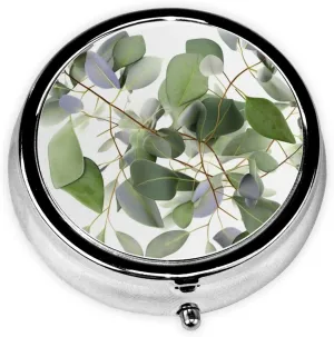 Green Eucalyptus Leaves Pill Box Round Pill Case for Pocket Purse 3 Compartment Medicine Pill Organizer Cute Portable Travel Pillbox Vitamin Cod Liver Oil Storage Box Unique Gift Organizer
