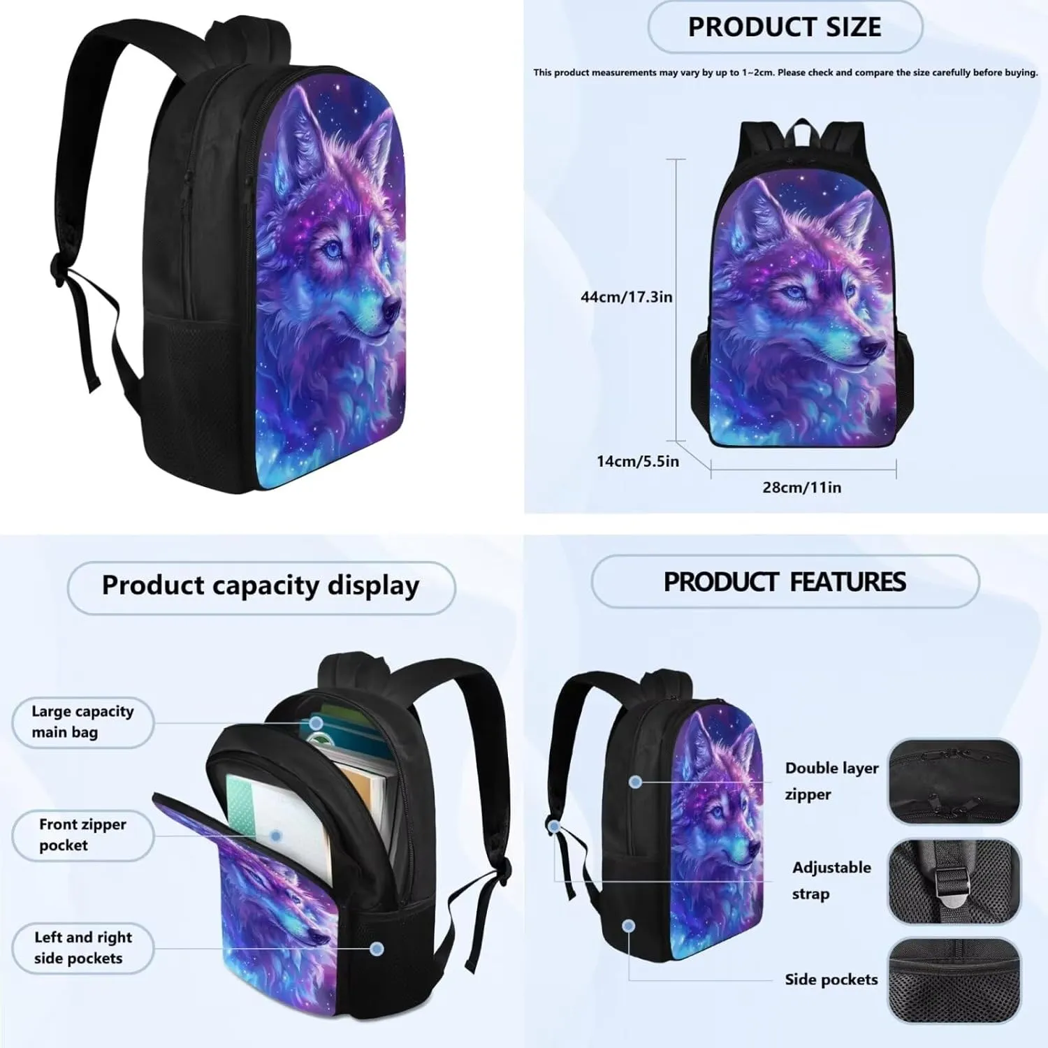 Green Light Wolf Cute Backpack for School Teen Girls 1st 2nd 3rd 4th 5th 6th Grade Boys Girls Teens Bookbag Aesthetic Womens Travel Book Bags for School Kids Student Back Packs