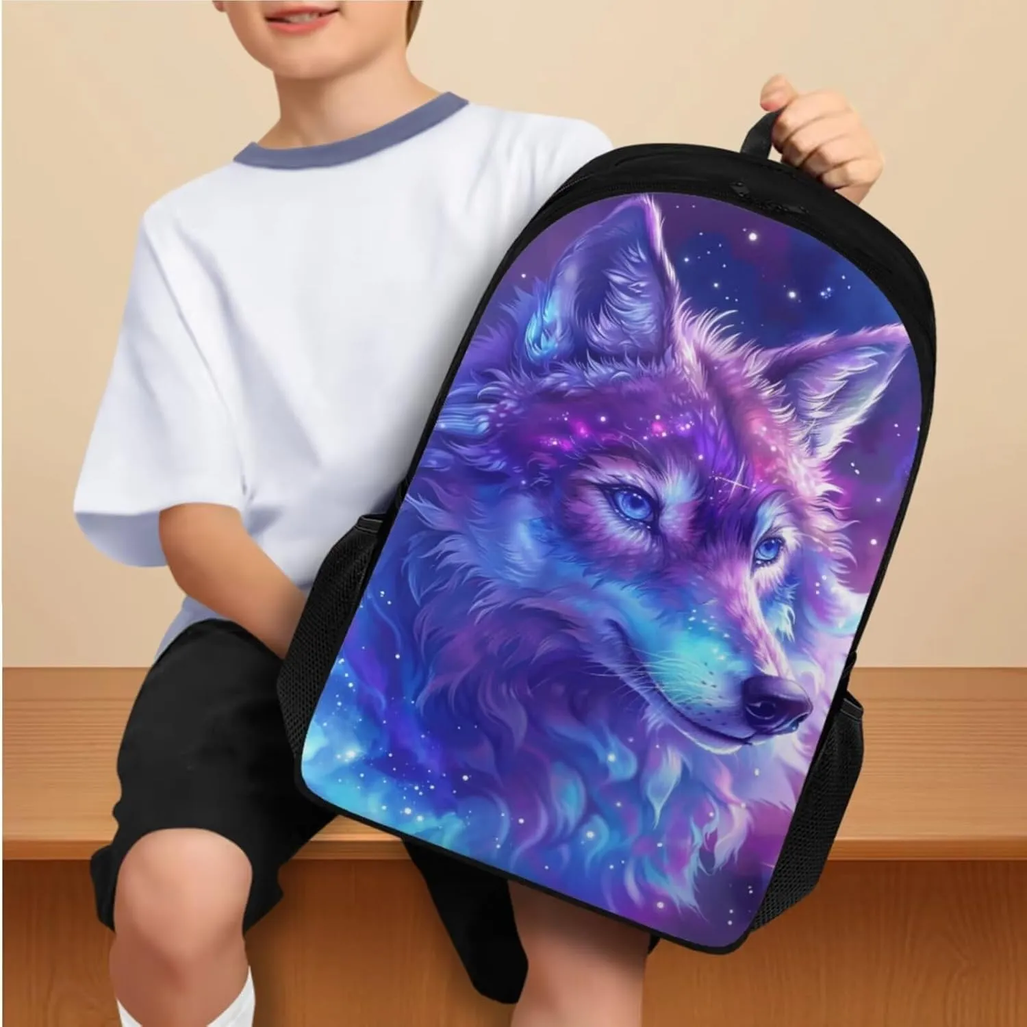 Green Light Wolf Cute Backpack for School Teen Girls 1st 2nd 3rd 4th 5th 6th Grade Boys Girls Teens Bookbag Aesthetic Womens Travel Book Bags for School Kids Student Back Packs