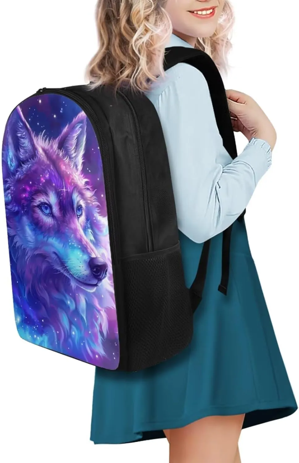 Green Light Wolf Cute Backpack for School Teen Girls 1st 2nd 3rd 4th 5th 6th Grade Boys Girls Teens Bookbag Aesthetic Womens Travel Book Bags for School Kids Student Back Packs