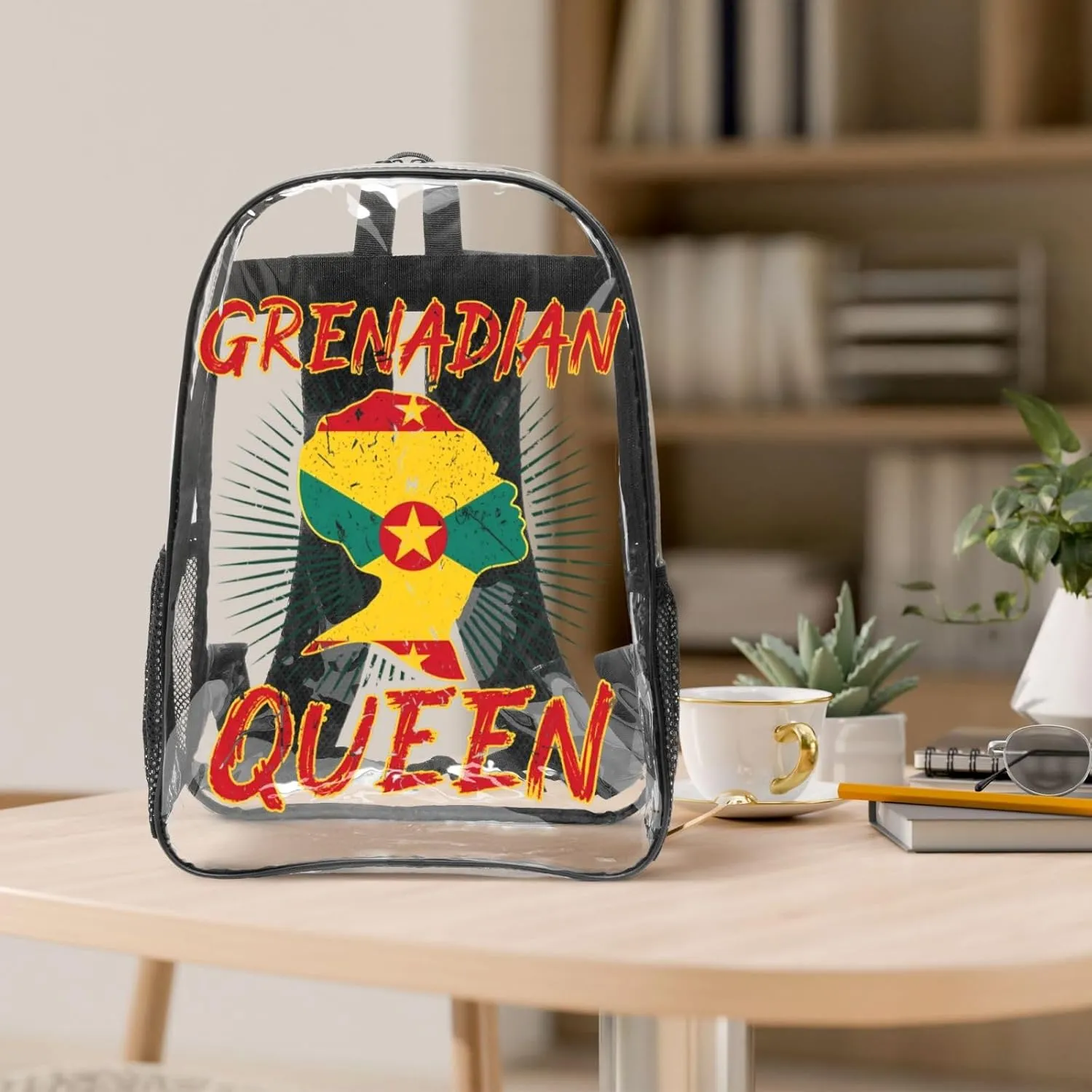 Grenadian Queen Grenada Culture Cultural Afro Pride Flag 16 Inch Clear PVC Backpacks Transparent Backpack Multipurpose Double Shoulder Bag for Men Women Gifts