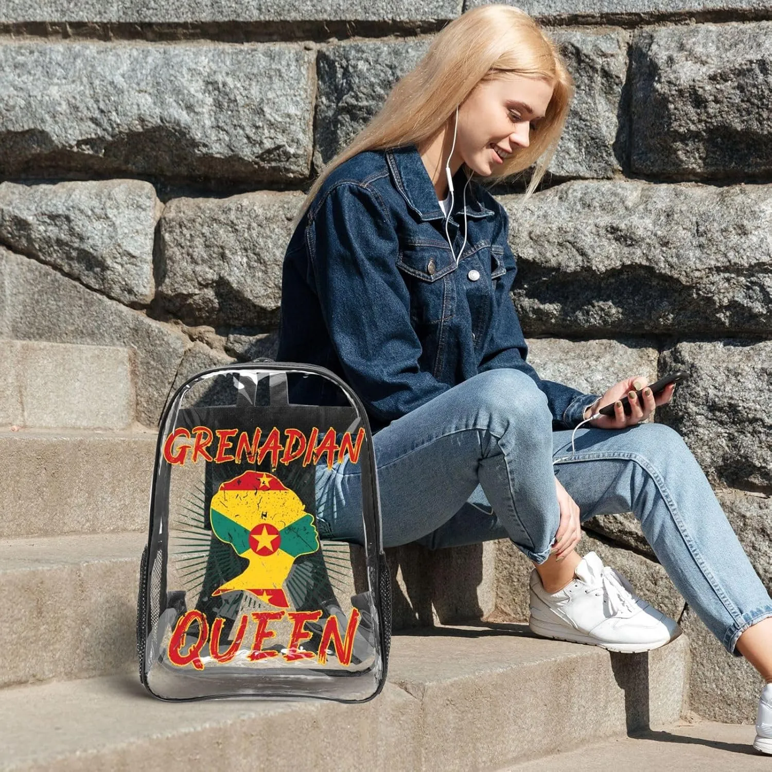 Grenadian Queen Grenada Culture Cultural Afro Pride Flag 16 Inch Clear PVC Backpacks Transparent Backpack Multipurpose Double Shoulder Bag for Men Women Gifts