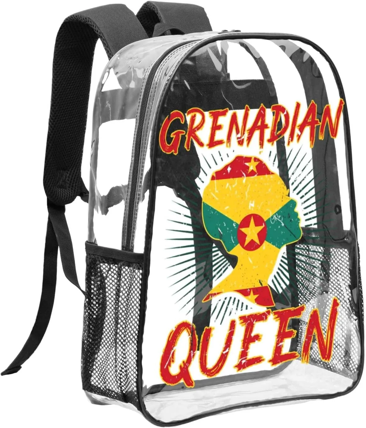 Grenadian Queen Grenada Culture Cultural Afro Pride Flag 16 Inch Clear PVC Backpacks Transparent Backpack Multipurpose Double Shoulder Bag for Men Women Gifts