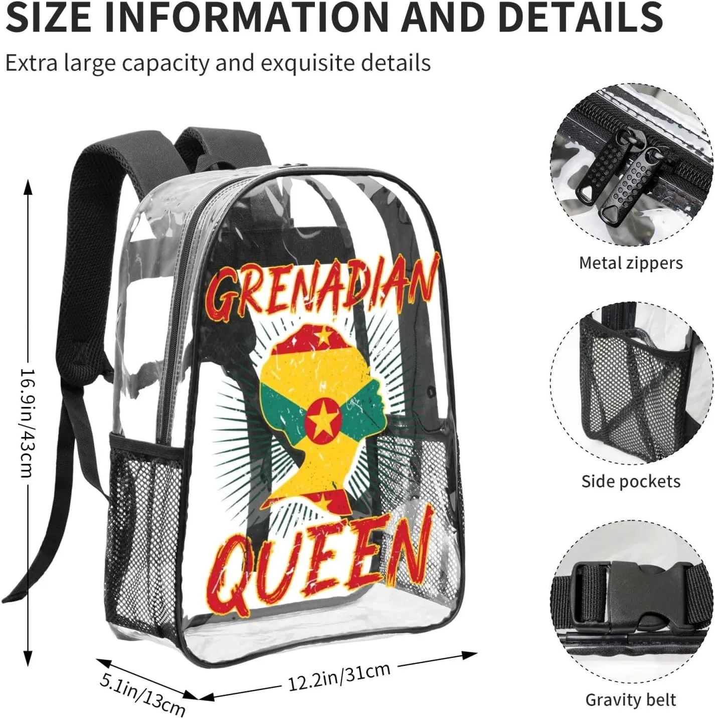 Grenadian Queen Grenada Culture Cultural Afro Pride Flag 16 Inch Clear PVC Backpacks Transparent Backpack Multipurpose Double Shoulder Bag for Men Women Gifts