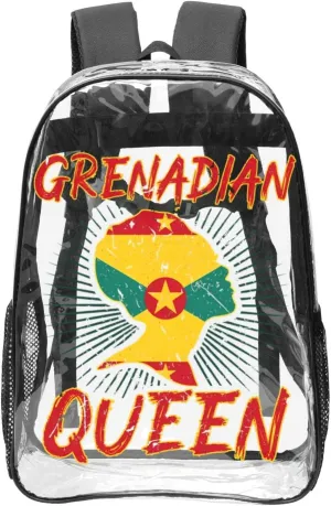 Grenadian Queen Grenada Culture Cultural Afro Pride Flag 16 Inch Clear PVC Backpacks Transparent Backpack Multipurpose Double Shoulder Bag for Men Women Gifts
