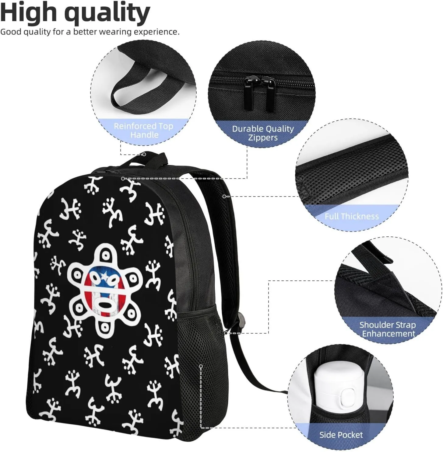 GTEVUTS Taino Symbols Black Backpack for Men Women - Puerto Rico Gifts-Patriotic Chic Laptop Black Shoulder Bag Travel Camping Work Outdoor Backpacks,15 Inch,Black