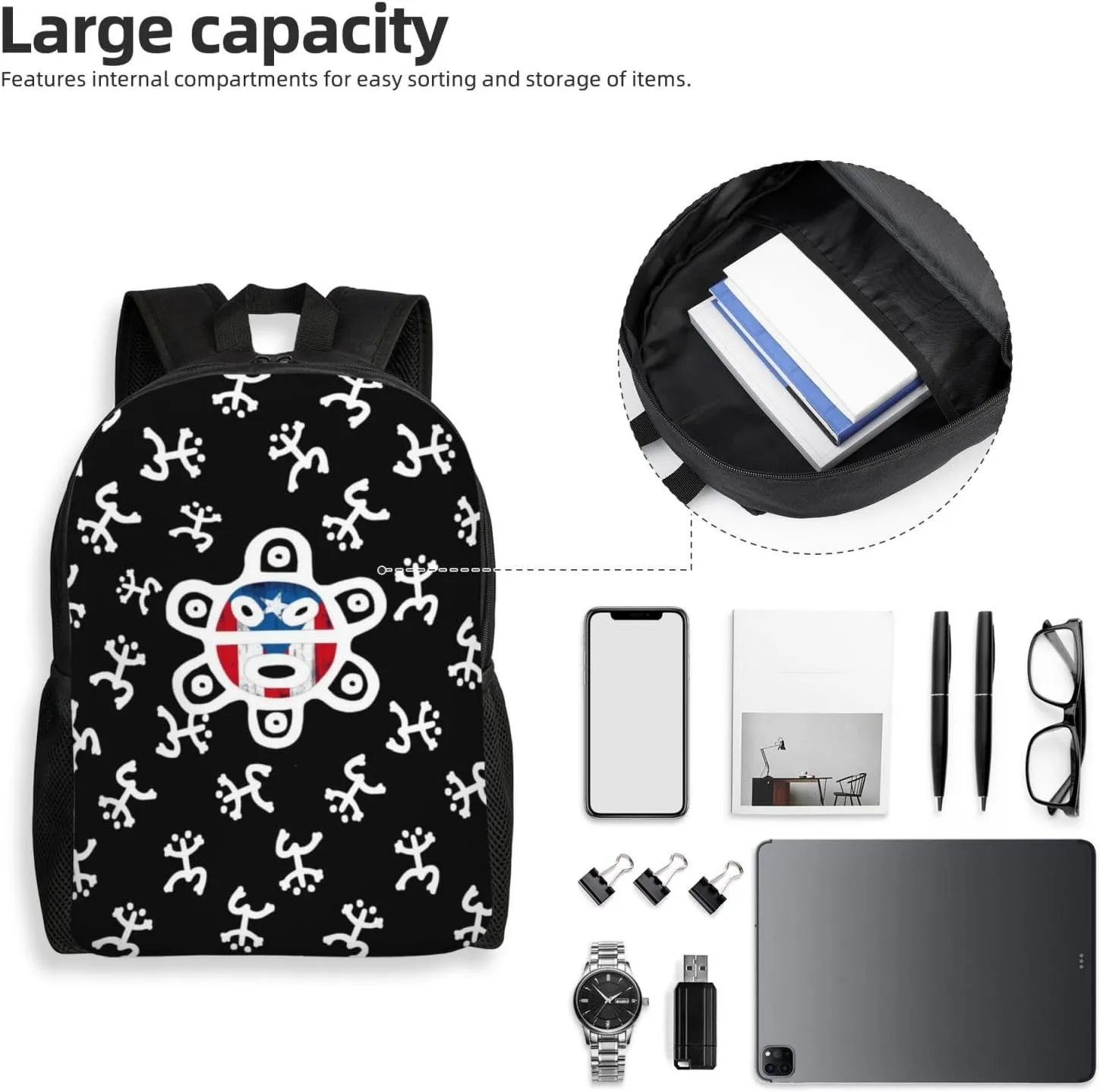 GTEVUTS Taino Symbols Black Backpack for Men Women - Puerto Rico Gifts-Patriotic Chic Laptop Black Shoulder Bag Travel Camping Work Outdoor Backpacks,15 Inch,Black