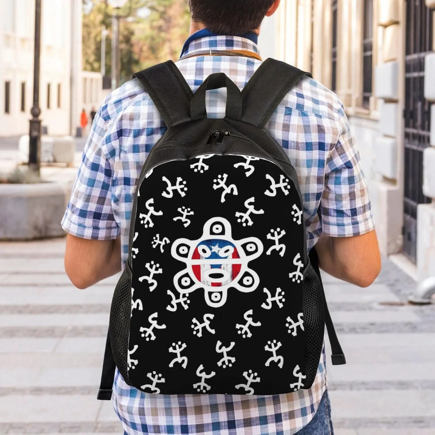 GTEVUTS Taino Symbols Black Backpack for Men Women - Puerto Rico Gifts-Patriotic Chic Laptop Black Shoulder Bag Travel Camping Work Outdoor Backpacks,15 Inch,Black