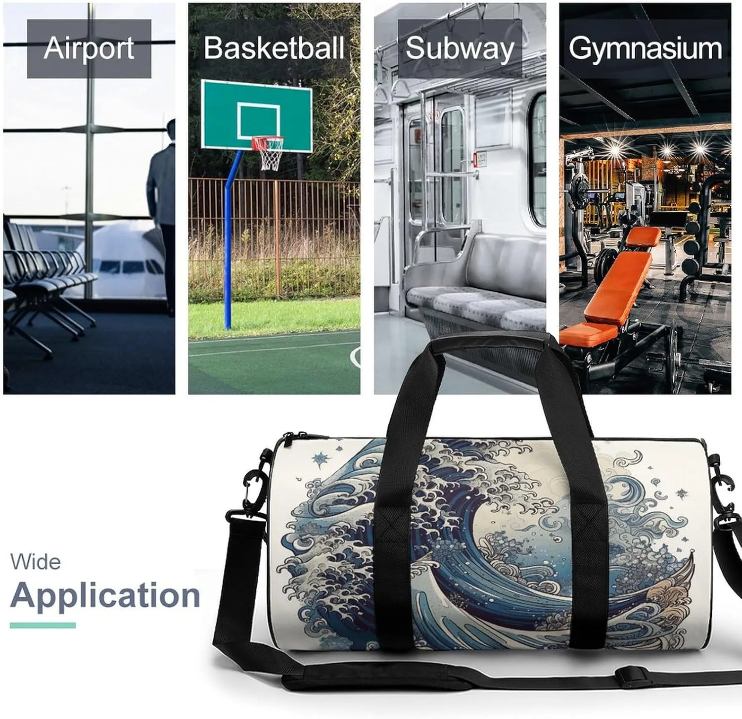 Gym Bag for Men Women Blue Wave Style Duffel Bag Overnight Bag with Compartment Gym Sackpac
