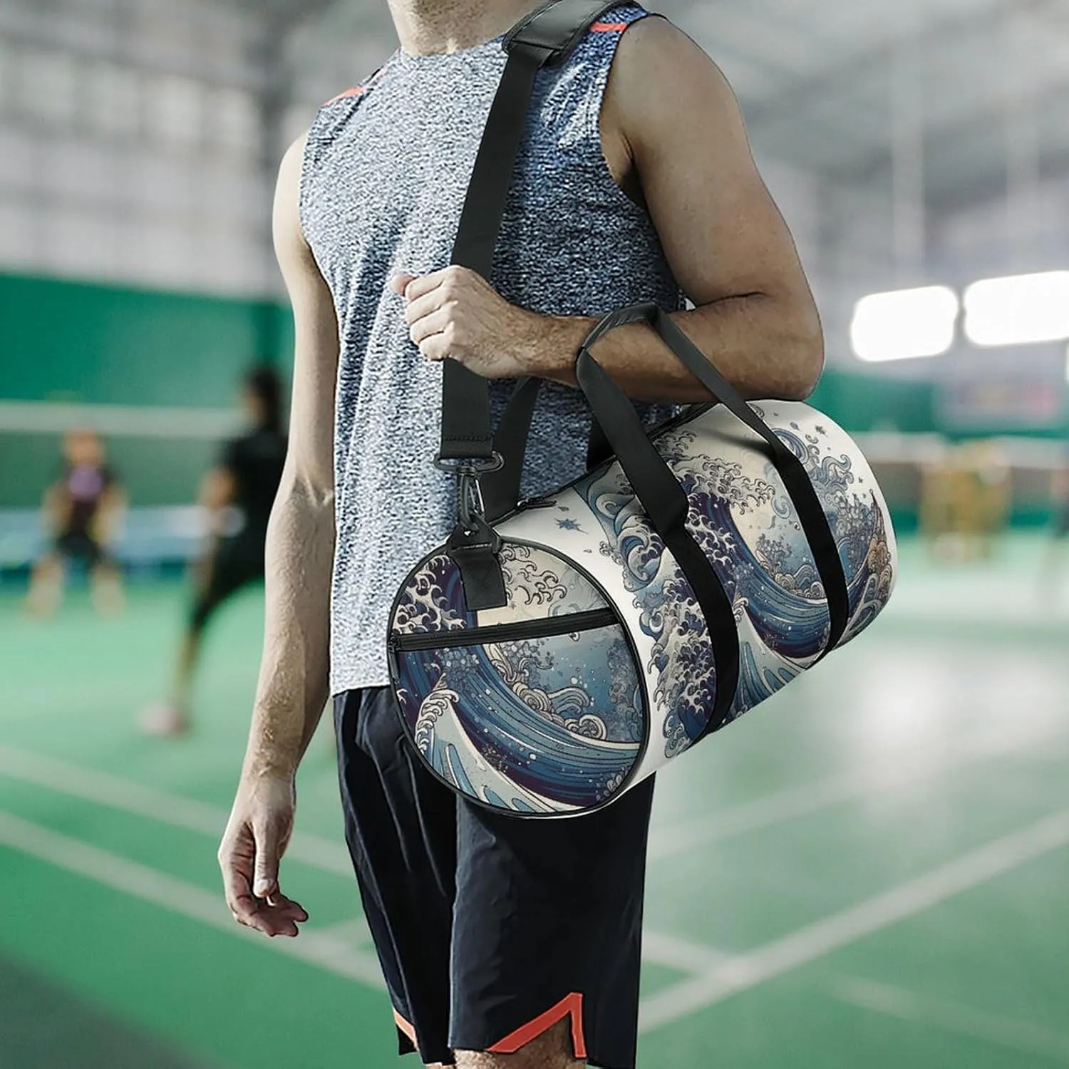 Gym Bag for Men Women Blue Wave Style Duffel Bag Overnight Bag with Compartment Gym Sackpac