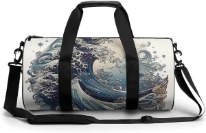 Gym Bag for Men Women Blue Wave Style Duffel Bag Overnight Bag with Compartment Gym Sackpac