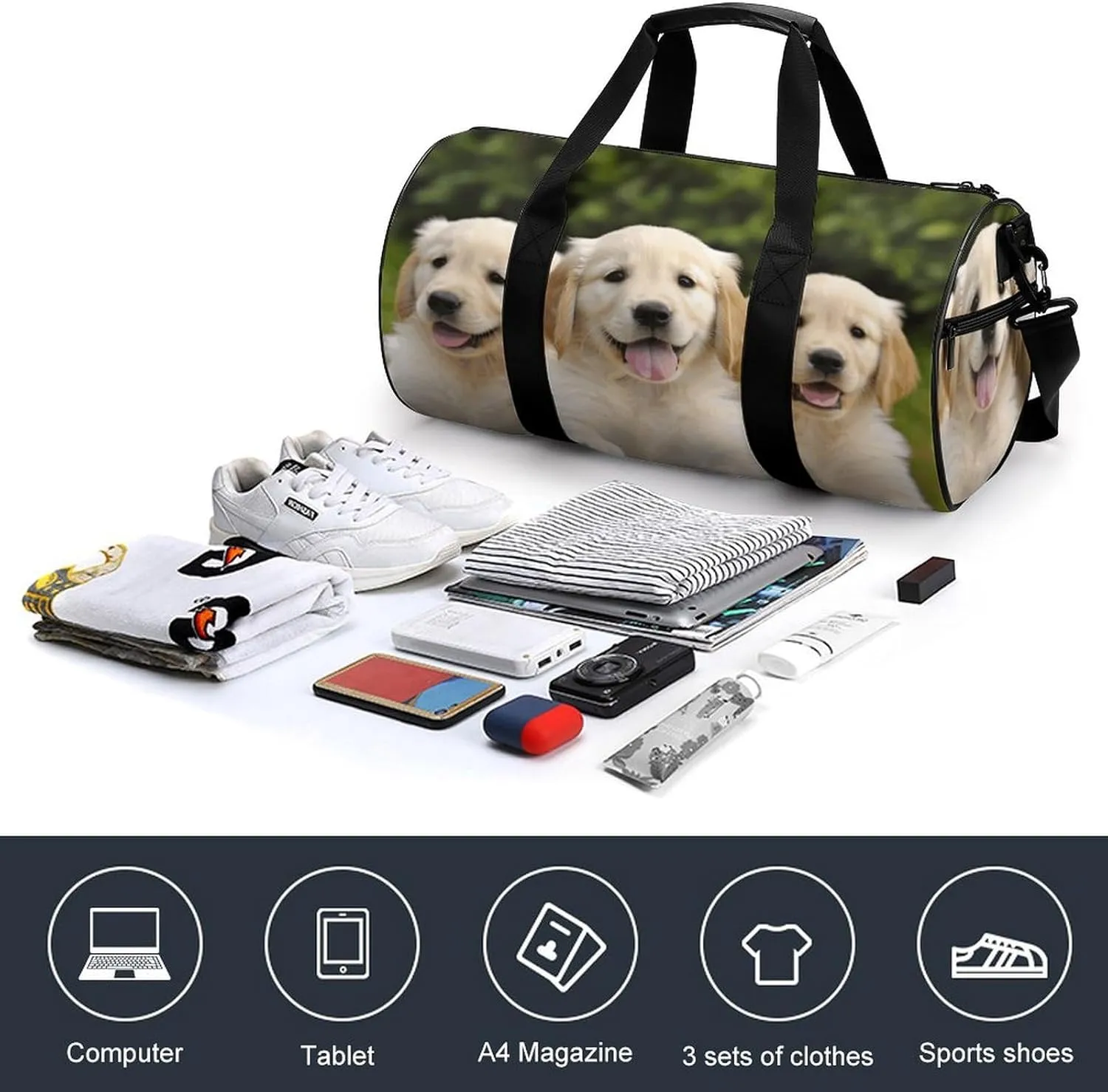 Gym Bag for Men Women Golden Retriever Puppies Duffel Bag Overnight Bag with Compartment Gym Sackpac