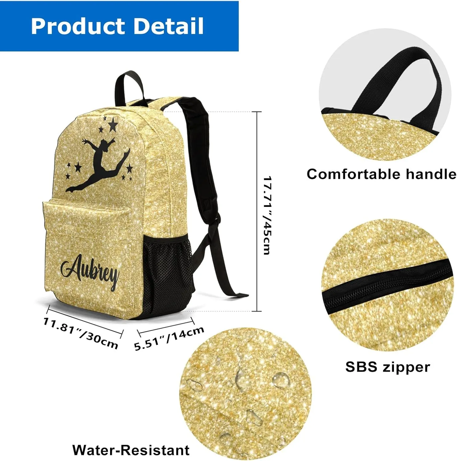Gymnastic Yellow Gold Glitter Personalized Backpack for Teen Boys Girls,Custom Travel Backpack Bookbag Casual Bag with Name Gift 11.81"(L) x 5.51"(W) x 17.71"(H)