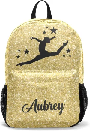 Gymnastic Yellow Gold Glitter Personalized Backpack for Teen Boys Girls,Custom Travel Backpack Bookbag Casual Bag with Name Gift 11.81"(L) x 5.51"(W) x 17.71"(H)