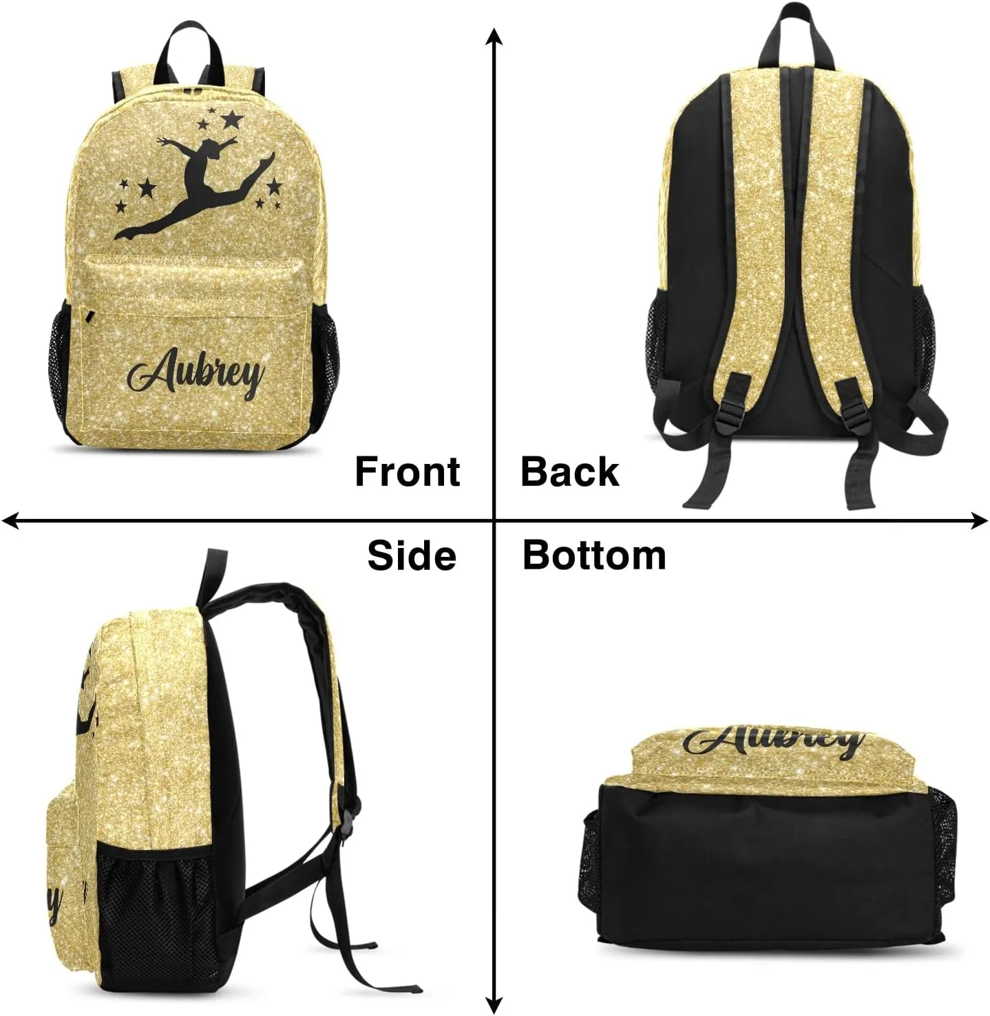 Gymnastic Yellow Gold Glitter Personalized Backpack for Teen Boys Girls,Custom Travel Backpack Bookbag Casual Bag with Name Gift 11.81"(L) x 5.51"(W) x 17.71"(H)