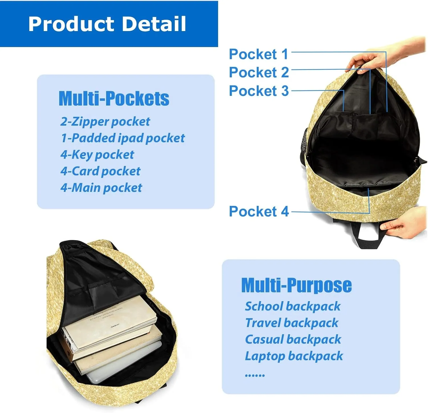 Gymnastic Yellow Gold Glitter Personalized Backpack for Teen Boys Girls,Custom Travel Backpack Bookbag Casual Bag with Name Gift 11.81"(L) x 5.51"(W) x 17.71"(H)