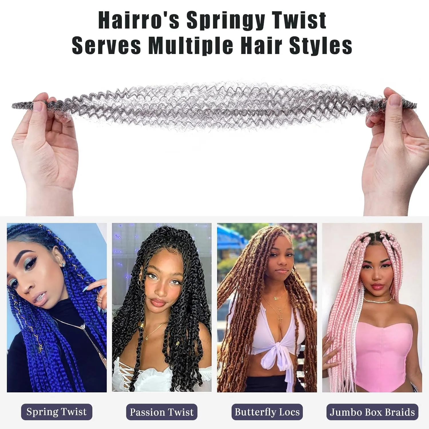 Hairro Passion Twist Hair 16 Inch, Soft Locs Crochet Hair, Pre Separated Springy Afro Twist Hair 4 Packs Marley Twist Braiding Hair for Faux Locs Synthetic False Hair Extension for Black Women Grey