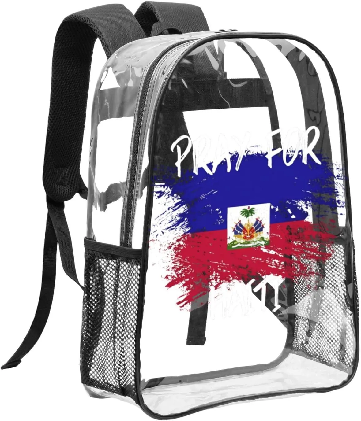 Haiti Flag Pray For Haiti 16 Inch Clear PVC Backpacks Transparent Backpack Multipurpose Double Shoulder Bag for Men Women Gifts