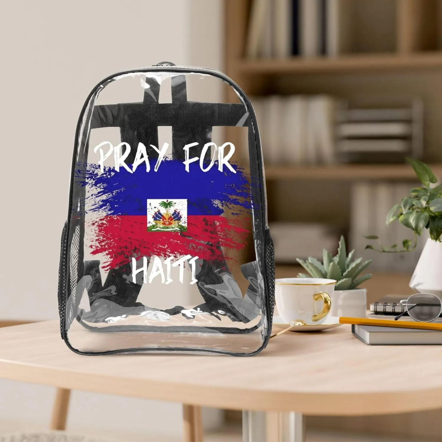 Haiti Flag Pray For Haiti 16 Inch Clear PVC Backpacks Transparent Backpack Multipurpose Double Shoulder Bag for Men Women Gifts