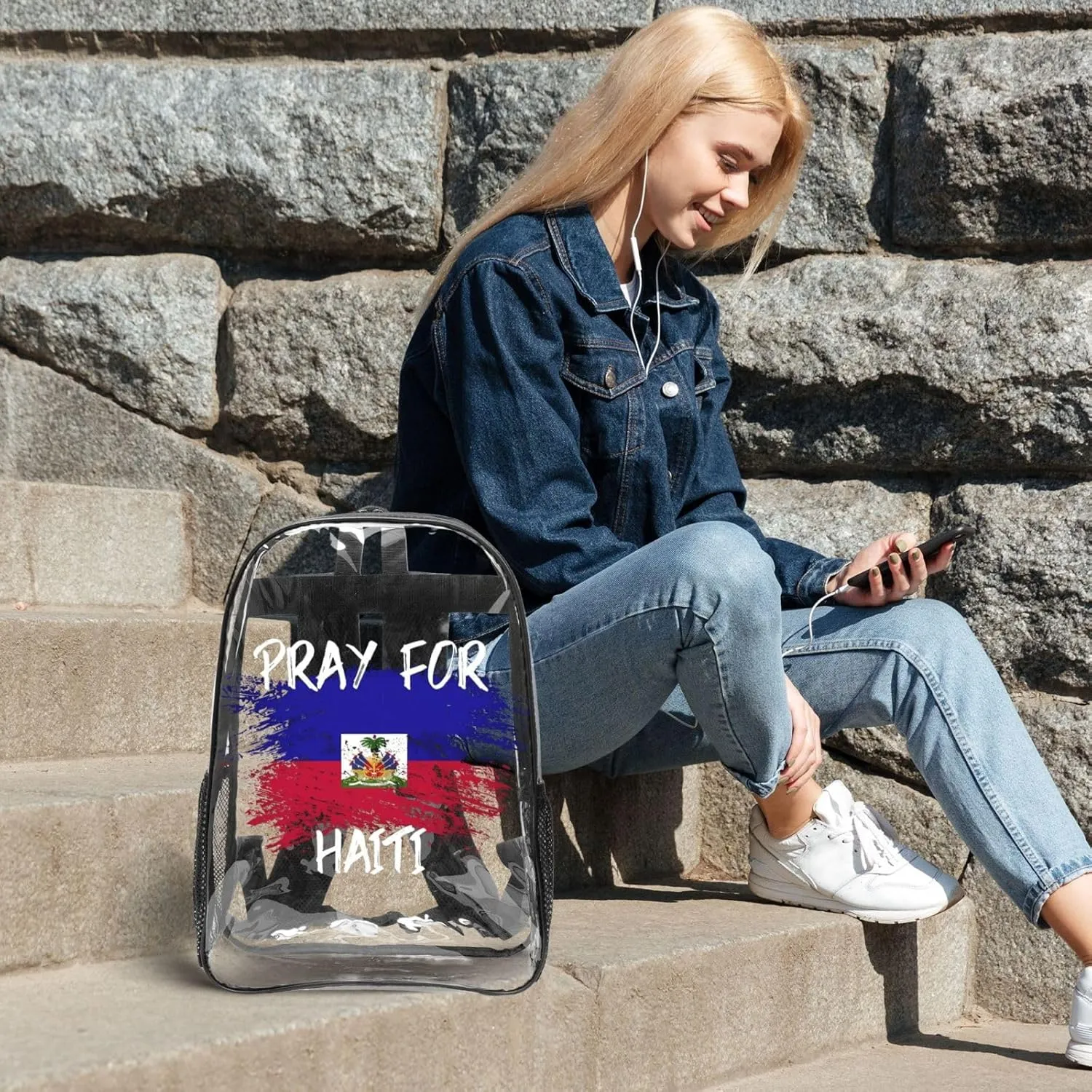 Haiti Flag Pray For Haiti 16 Inch Clear PVC Backpacks Transparent Backpack Multipurpose Double Shoulder Bag for Men Women Gifts