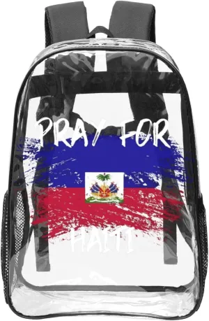 Haiti Flag Pray For Haiti 16 Inch Clear PVC Backpacks Transparent Backpack Multipurpose Double Shoulder Bag for Men Women Gifts